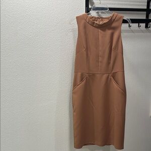 Sleeveless Tan Midi Shift Dress with Pocket Detail